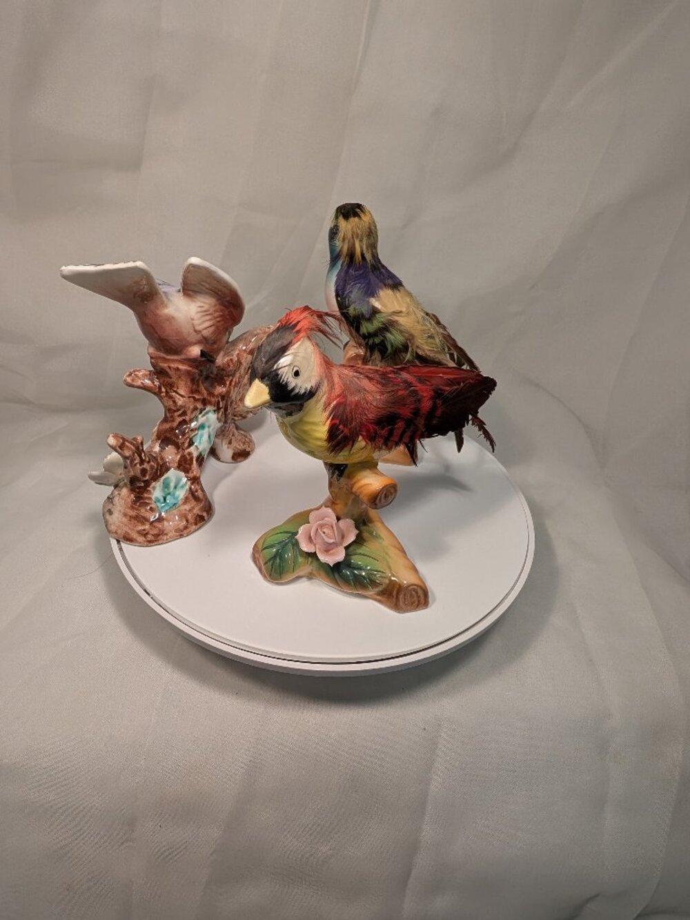 3 Vintage Colorful Ceramic Porcelain Bird Figurines Pair Pheasant Birds In Nest